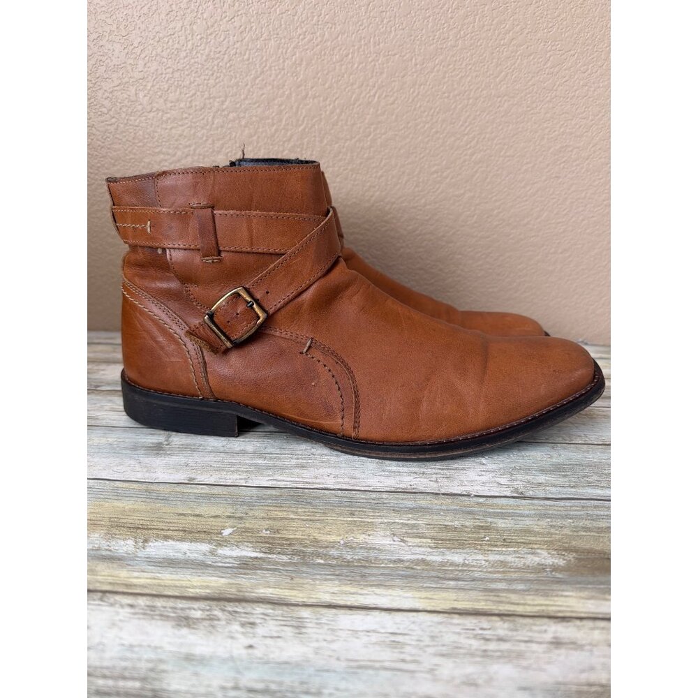 ALDO Men’s Brown Leather Ankle Boots Sz 12 Harness Buckle Zip Pre-owned Portugal